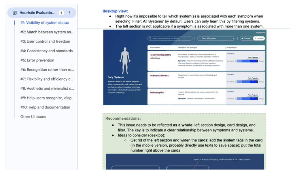 Finding report organized by 10 heuristics