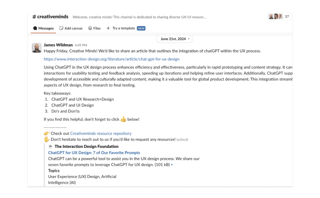 An example post in Slack channel