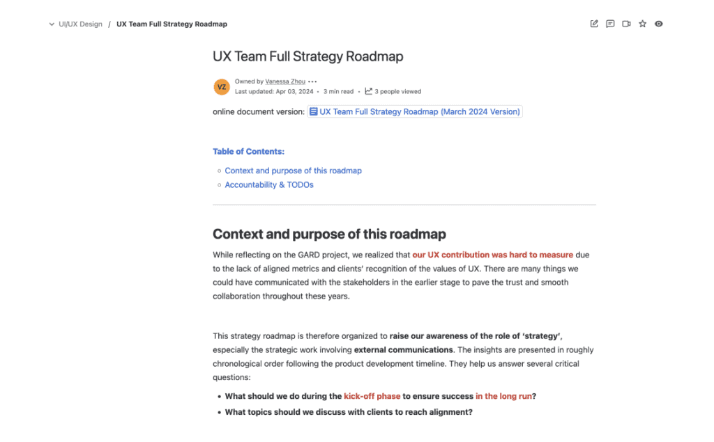 Team strategy roadmap documentation